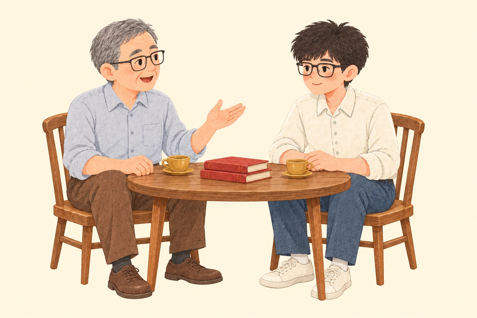 肖林朔与长辈围坐桌旁，人物桌椅完整